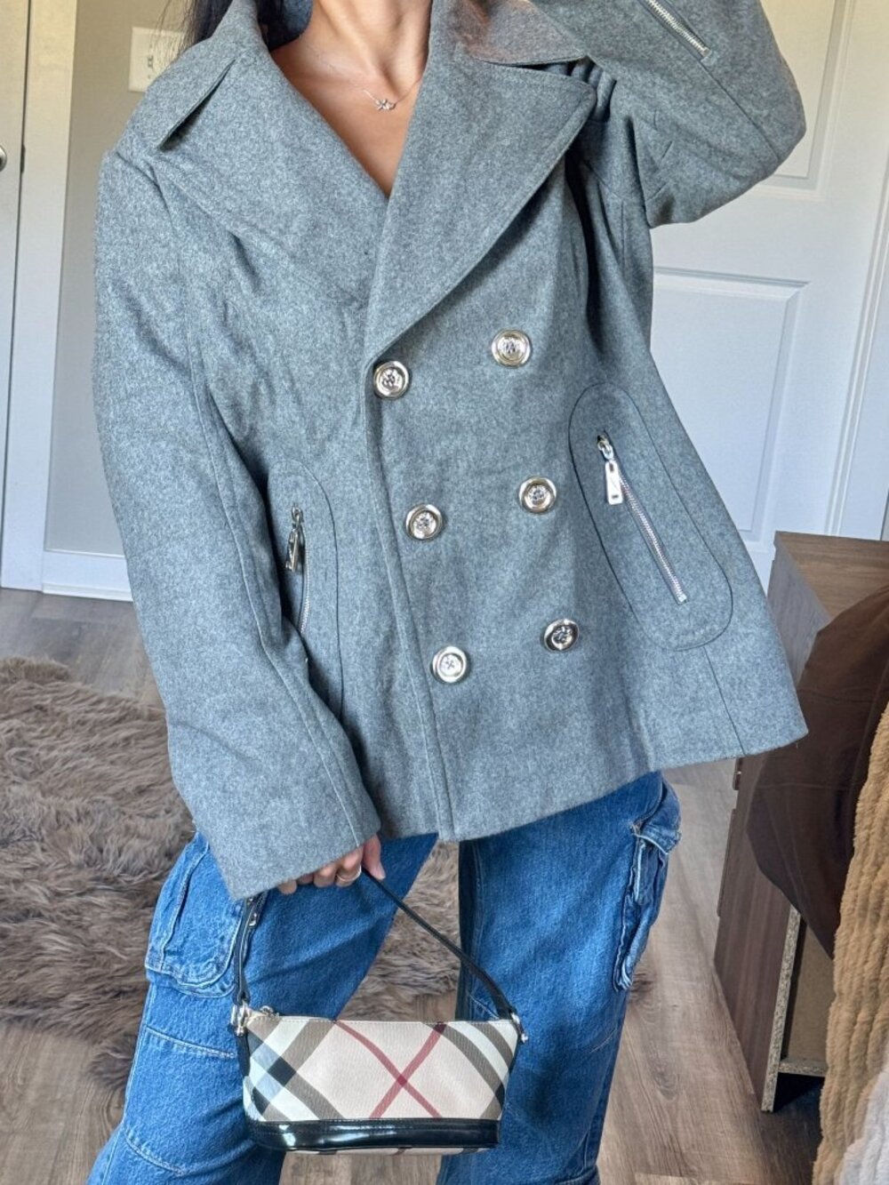 Y2K Miss Sixty M60 Gray Wool Blend Peacoat Size XL Double Breasted 2000s Preppy